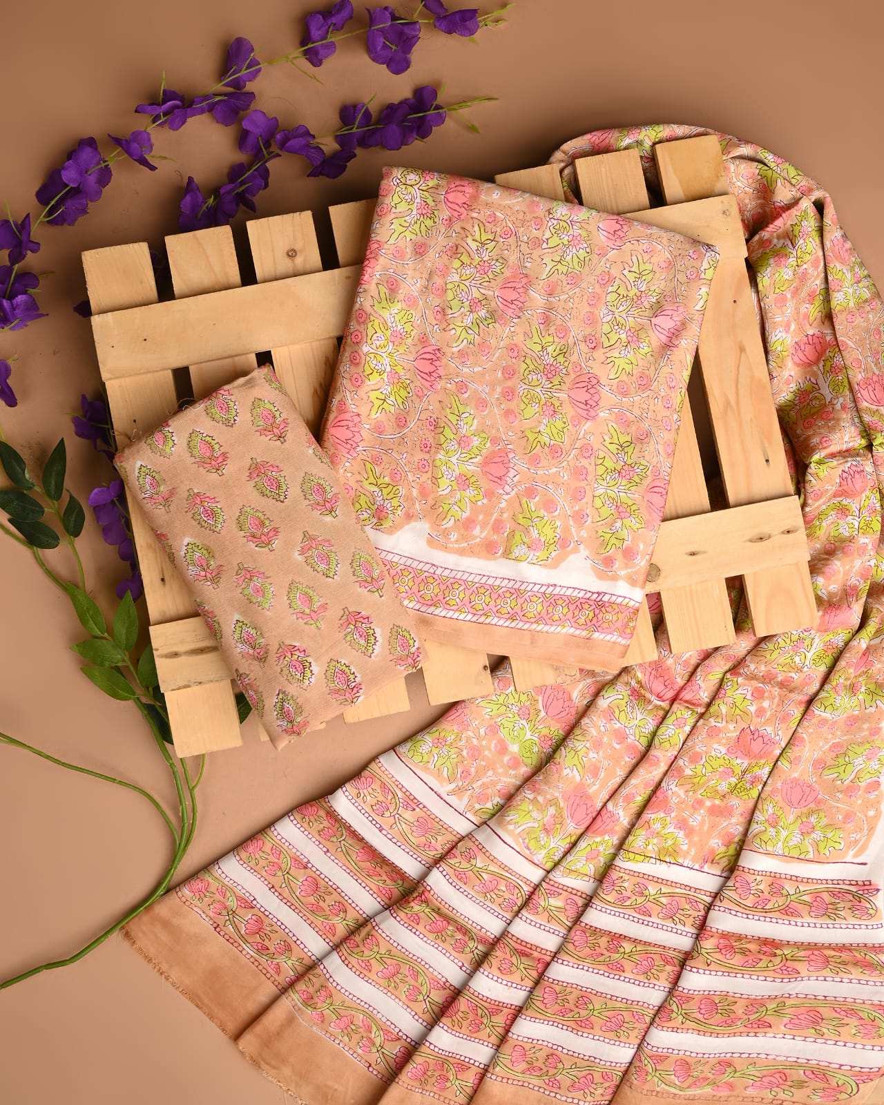 Green peach cupro modal silk dress material wholesale, handblock printed silk suit set by Fabtexs